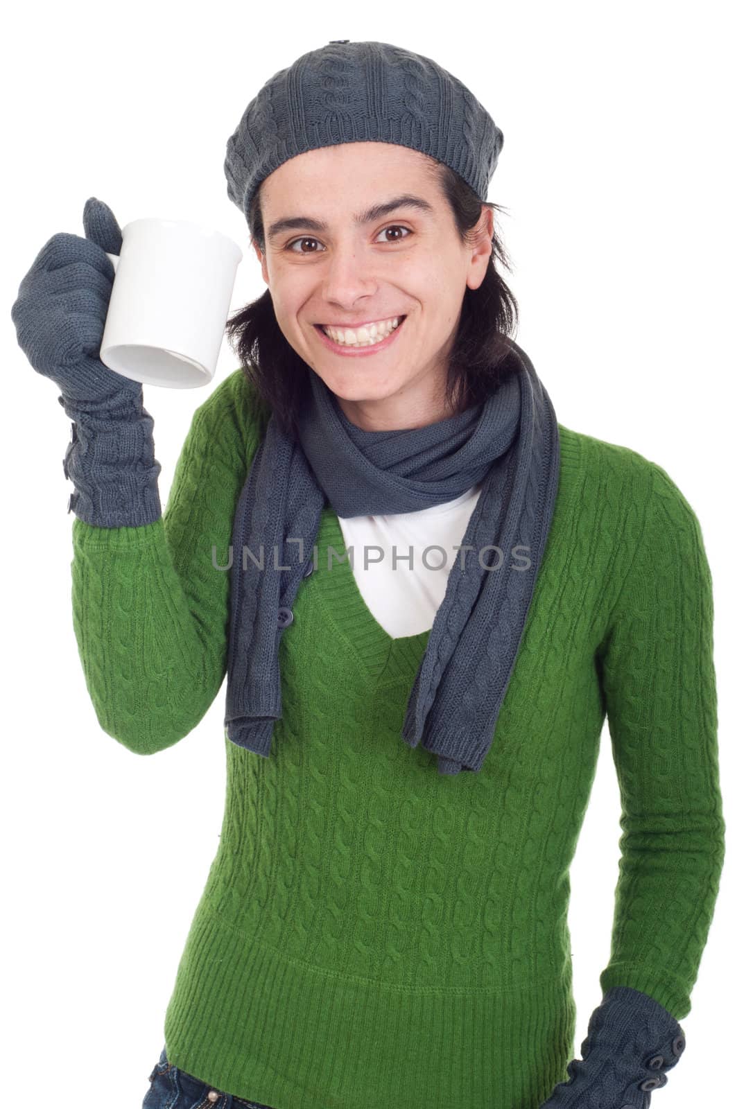 lovely winter woman holding coffee/tea mug (isolated on white background)