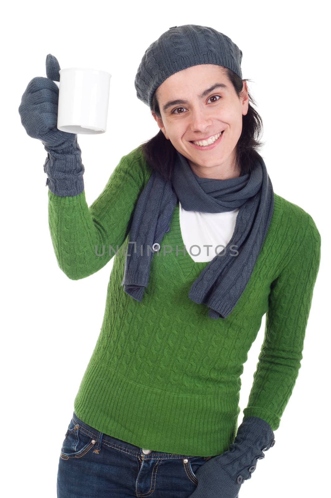 lovely winter woman holding coffee/tea mug (isolated on white background)