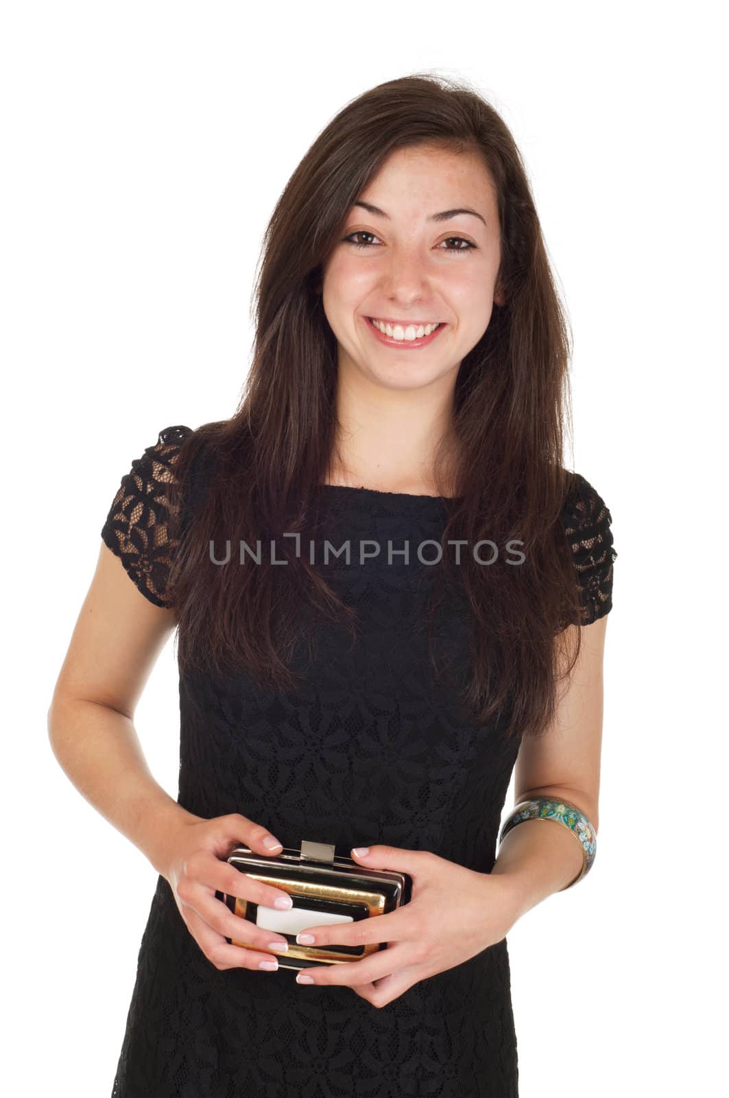 beautiful 18 years old young woman in black dress and purse ready for night out (isolated on white background)