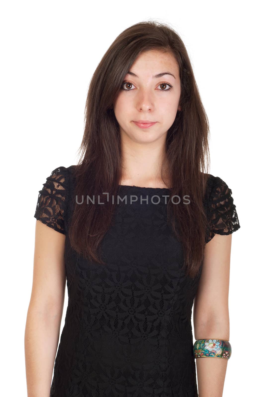 serious 18 years old young woman in black dress ready for night out (isolated on white background)