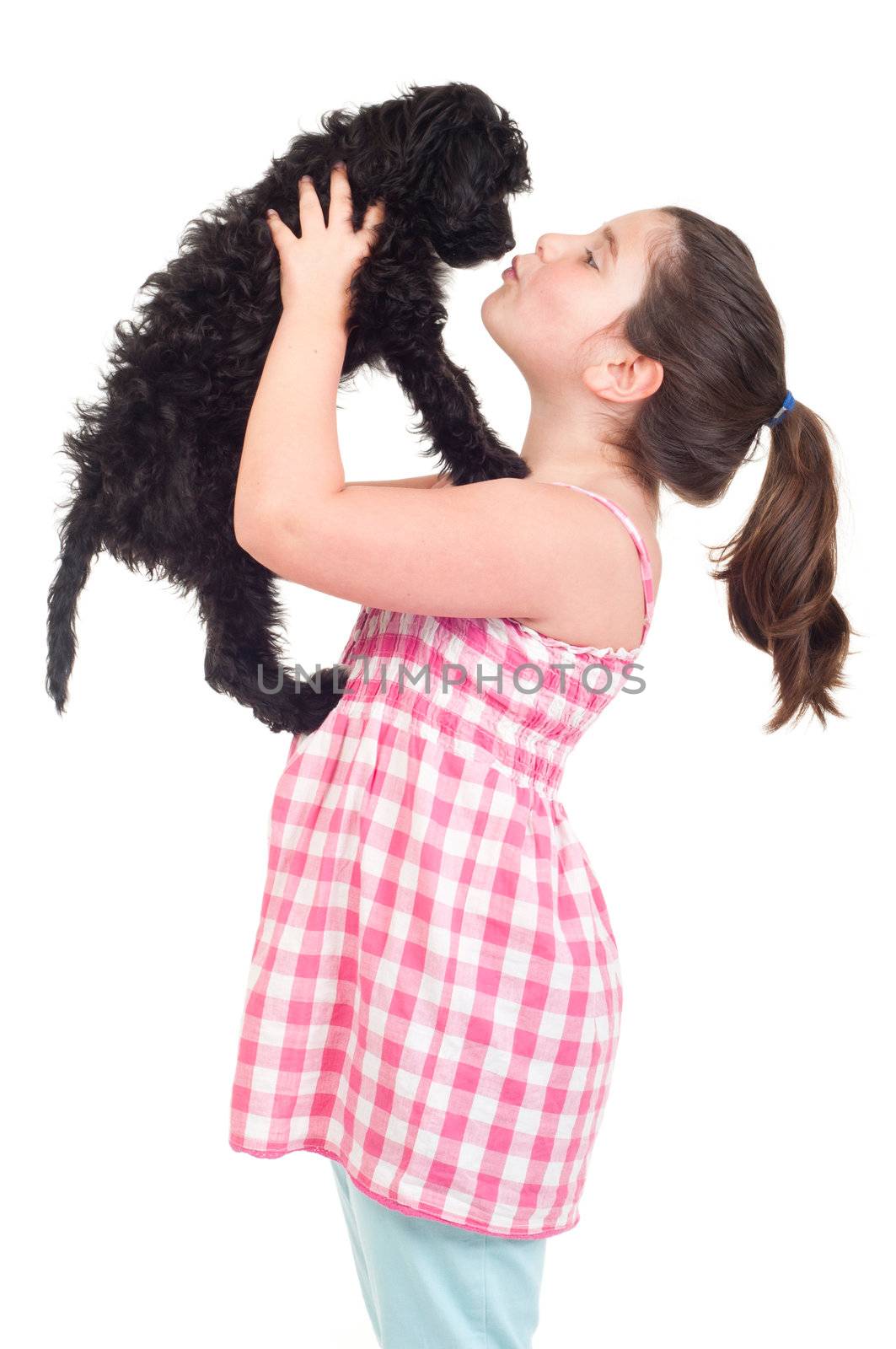 adorable little girl kissing her dog (isolated on white background)