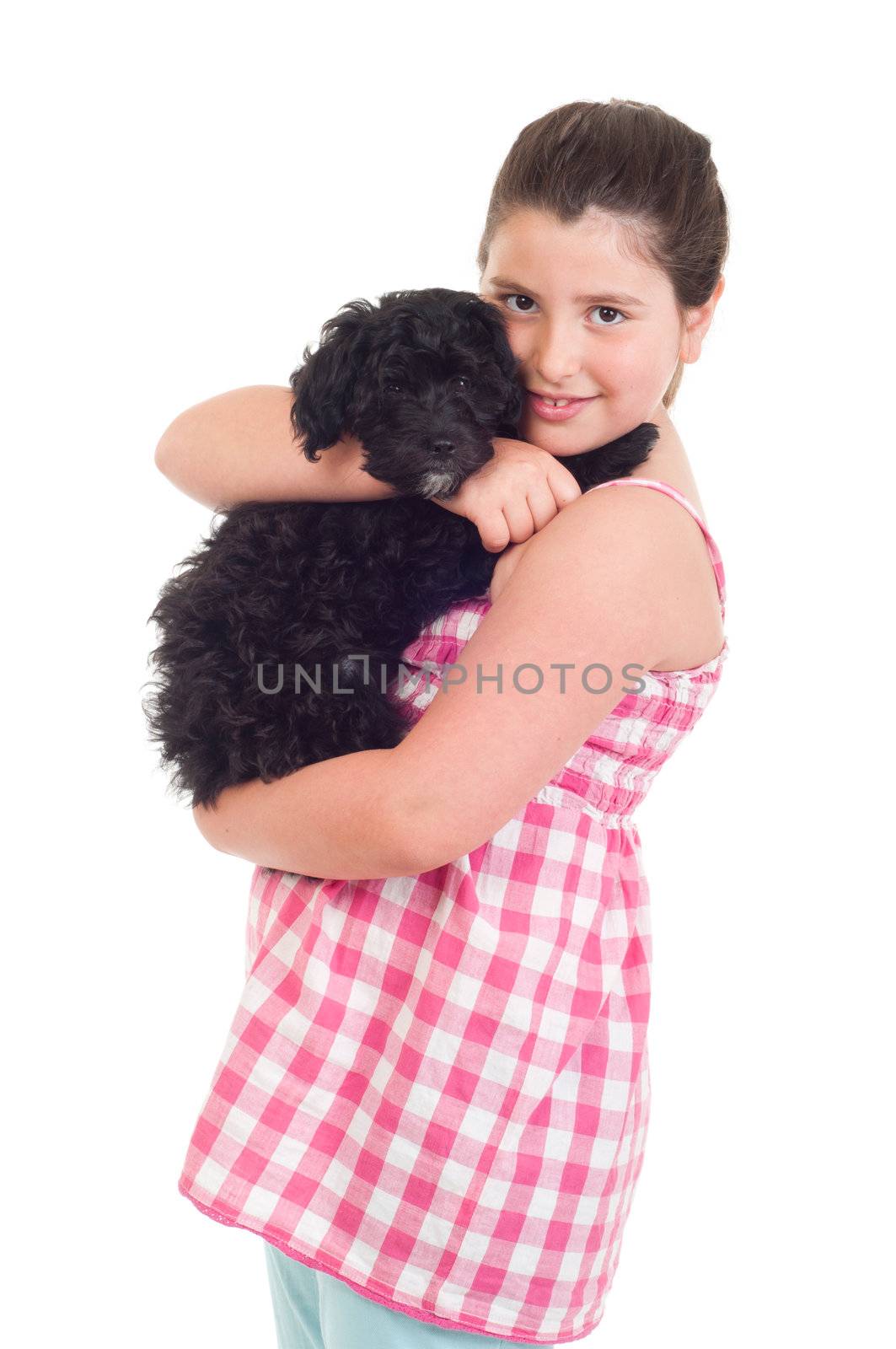 adorable little girl holding her dog (isolated on white background)