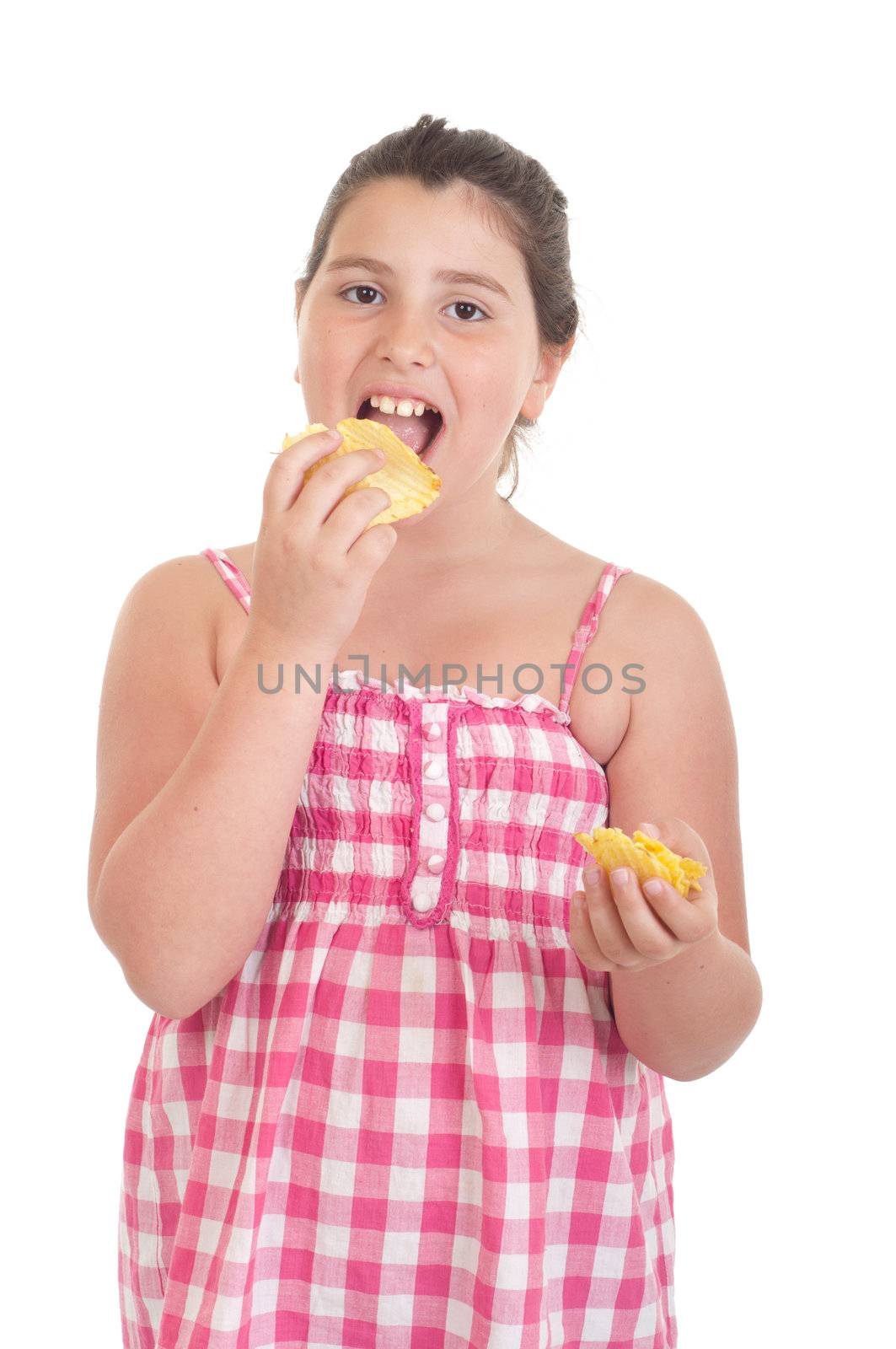 cute little girl eating chips (isolated on white background)