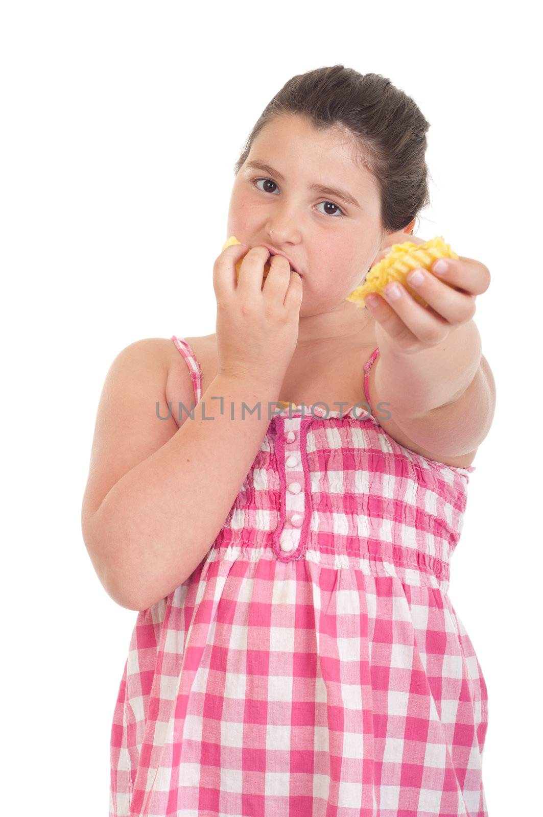 cute little girl eating chips and offering some too (isolated on white background)