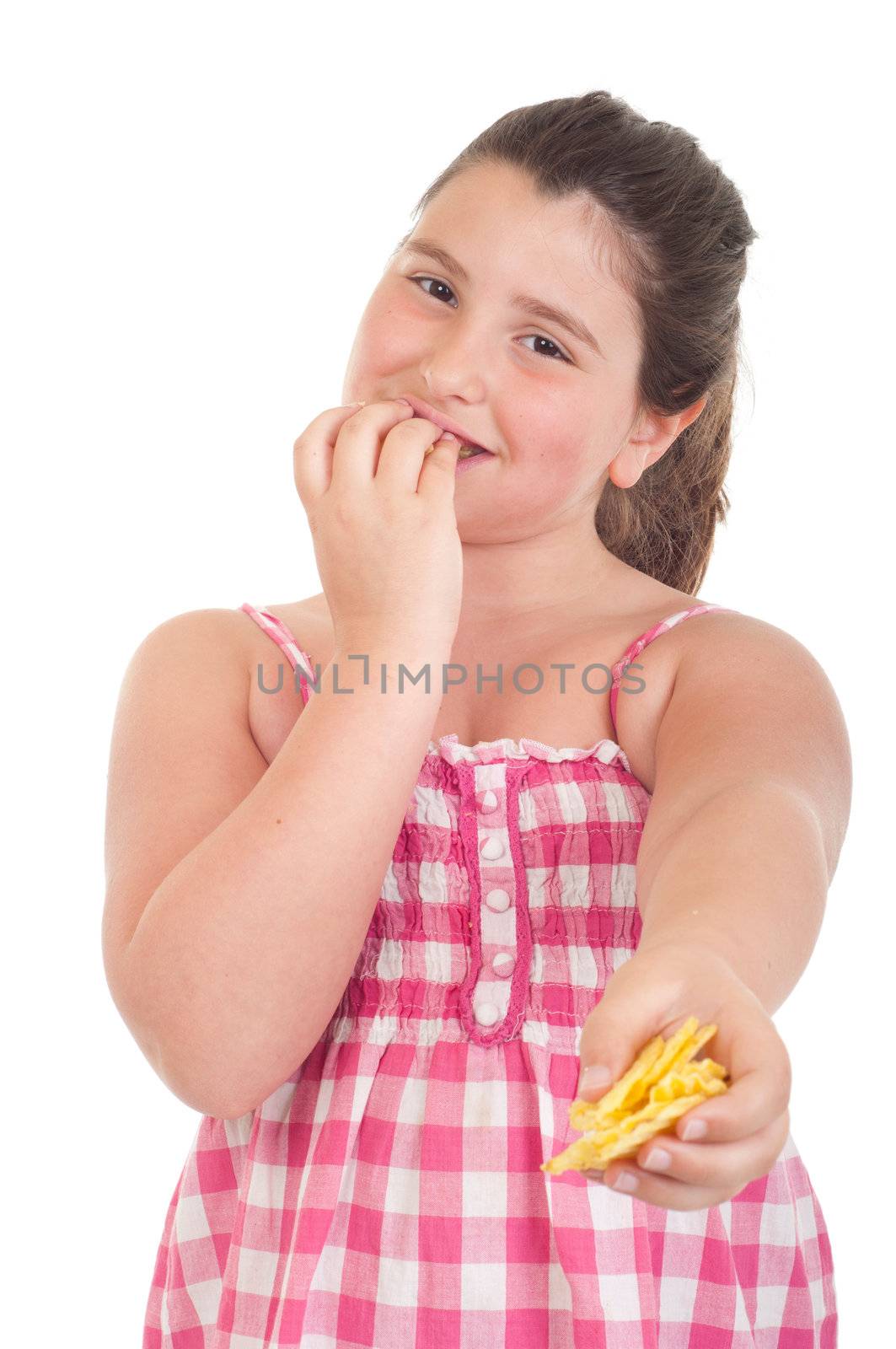 cute little girl eating chips and offering some too (isolated on white background)