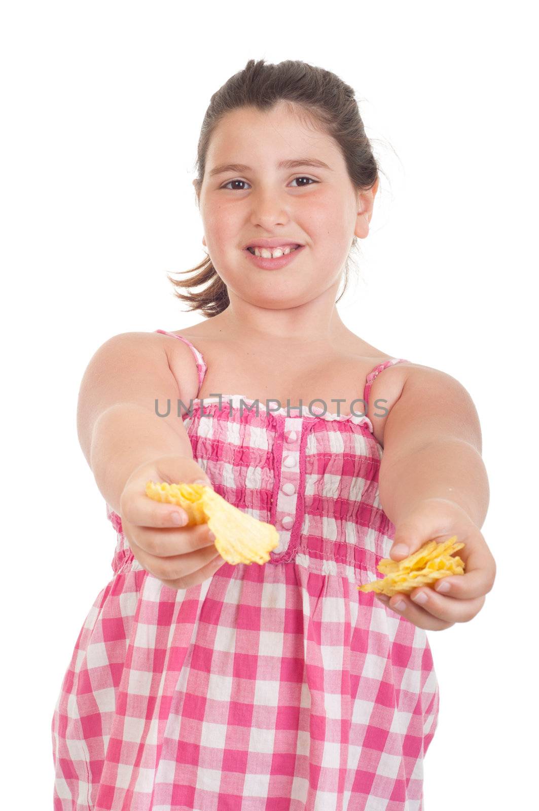 cute little girl offering potato chips with unhappy expression (isolated on white background)