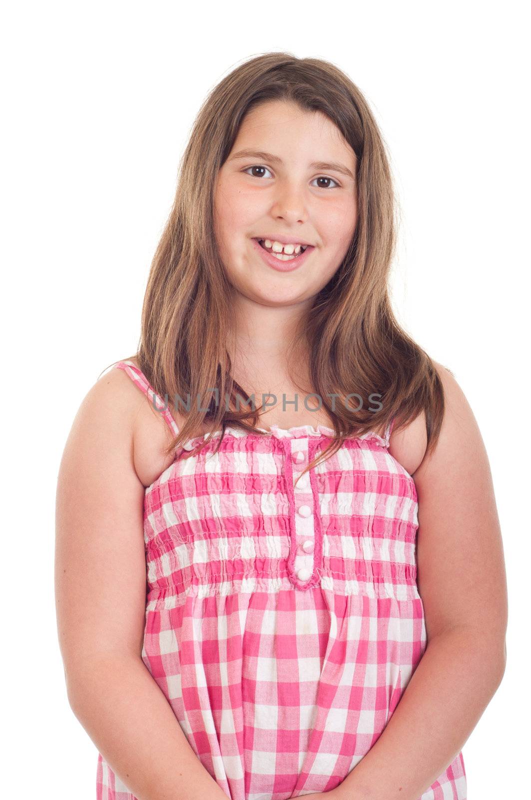 smiling little girl portrait in a pink top (isolated on white background)