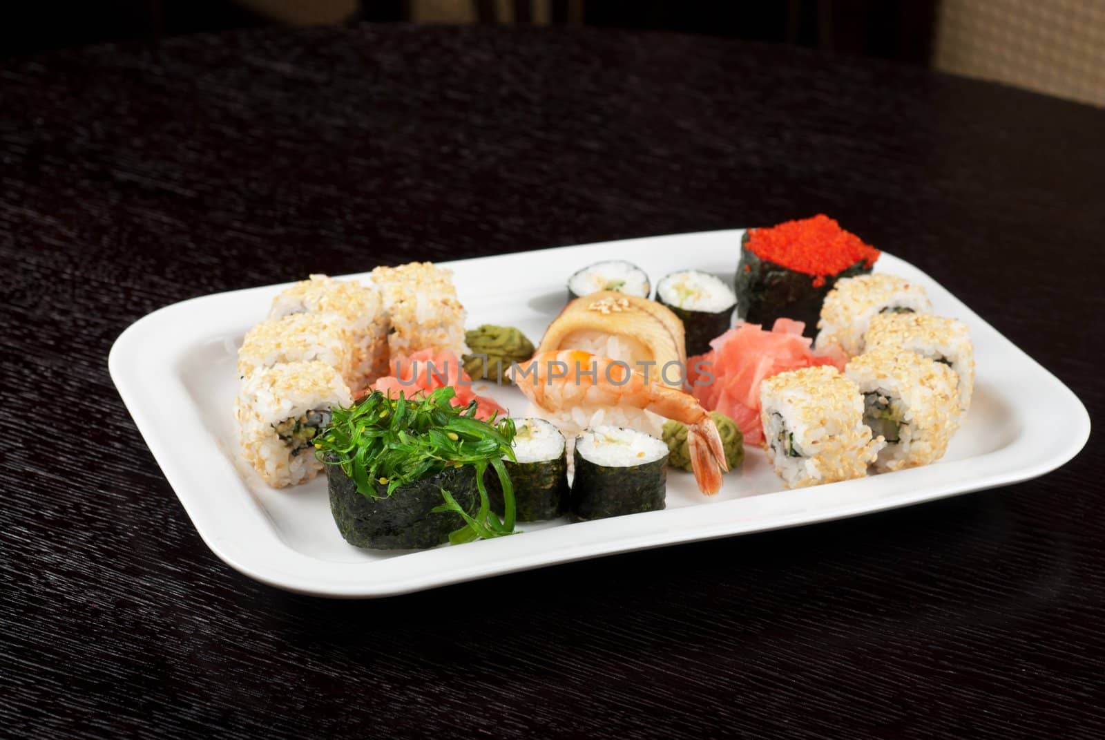 view of closeup japanese sushi set at plate