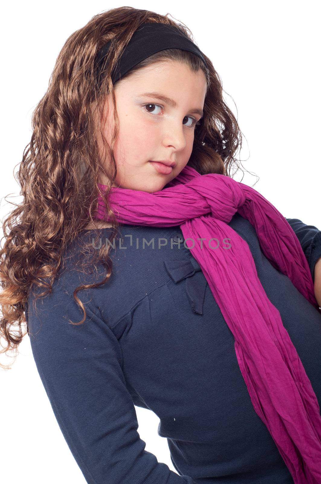 adorable little girl portrait posing dressed as teenager with long wig and glitter (isolated on white background)