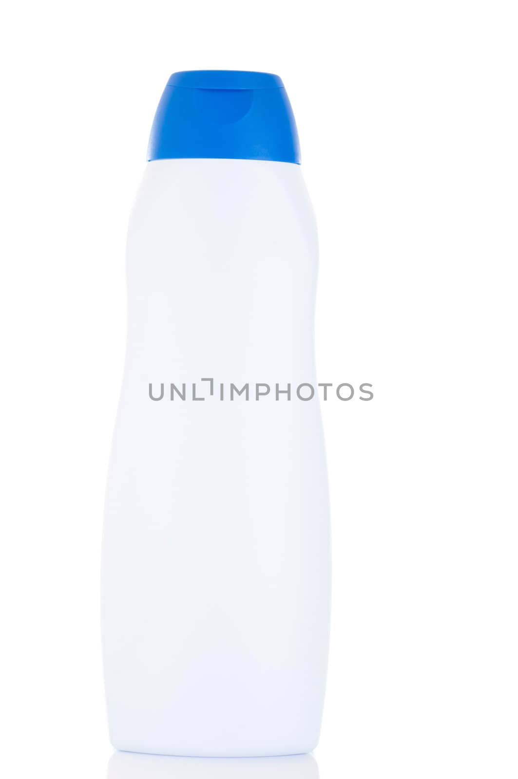 blue and white shower gel plastic bottle isolated on white background