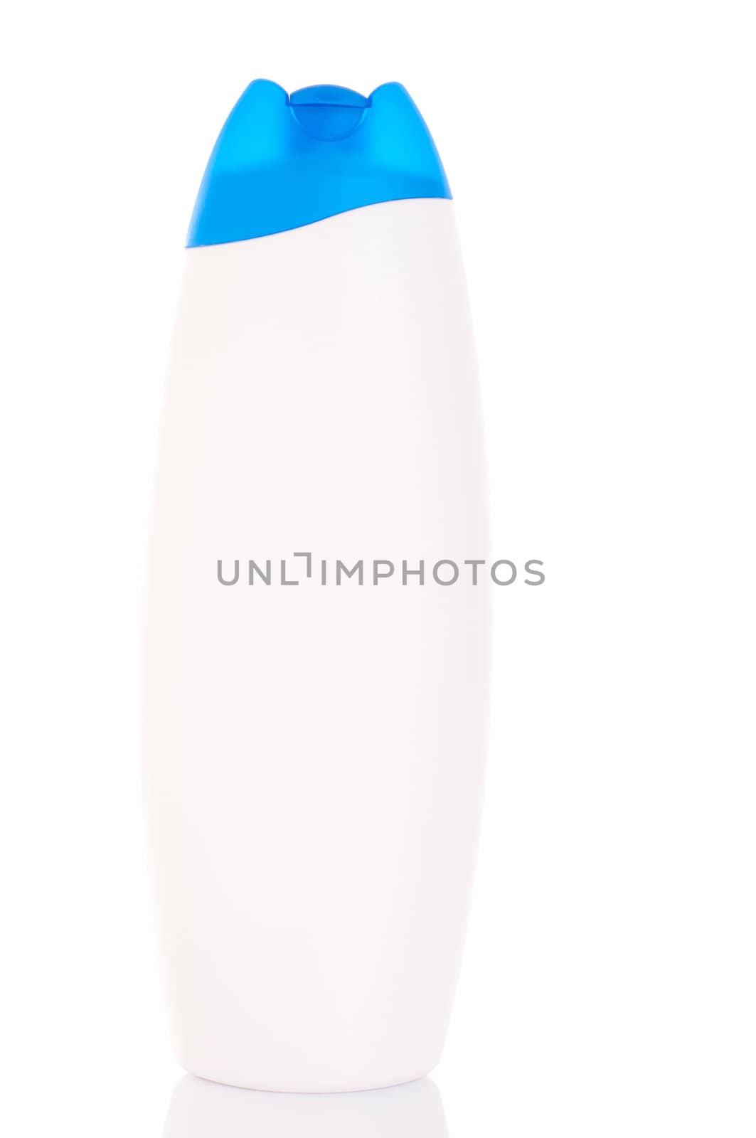 blue and white shower gel plastic bottle isolated on white background