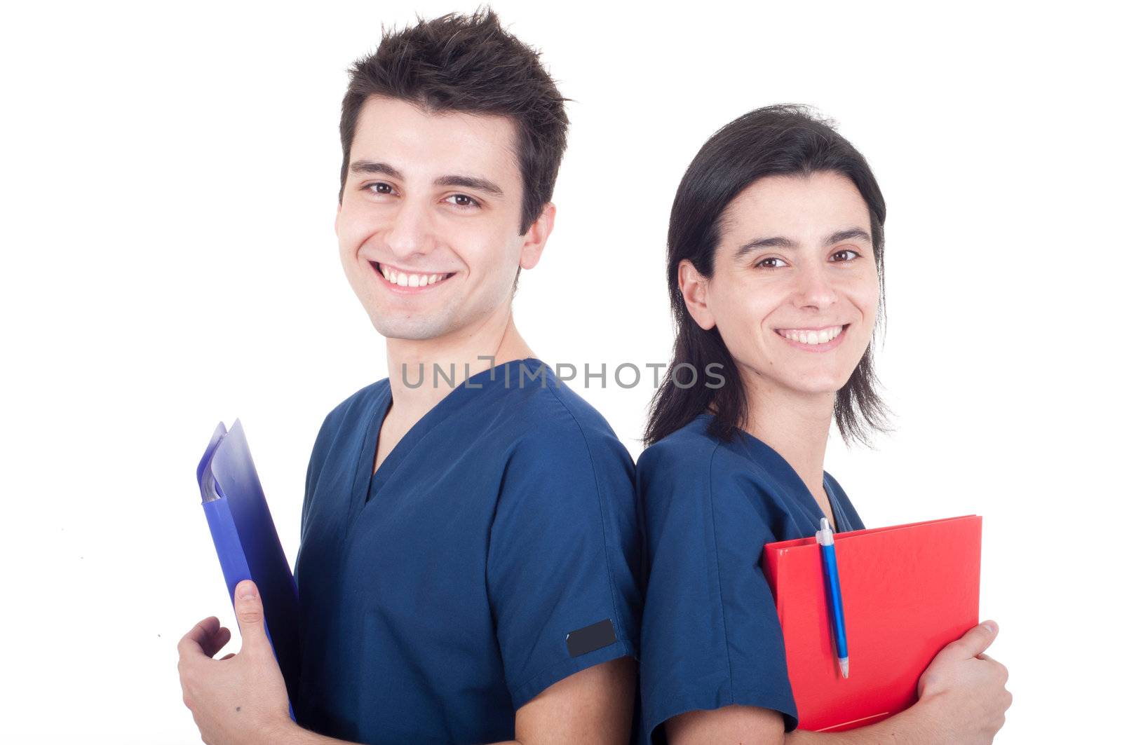 friendly team of doctors holding folders isolated on white background (back to back)