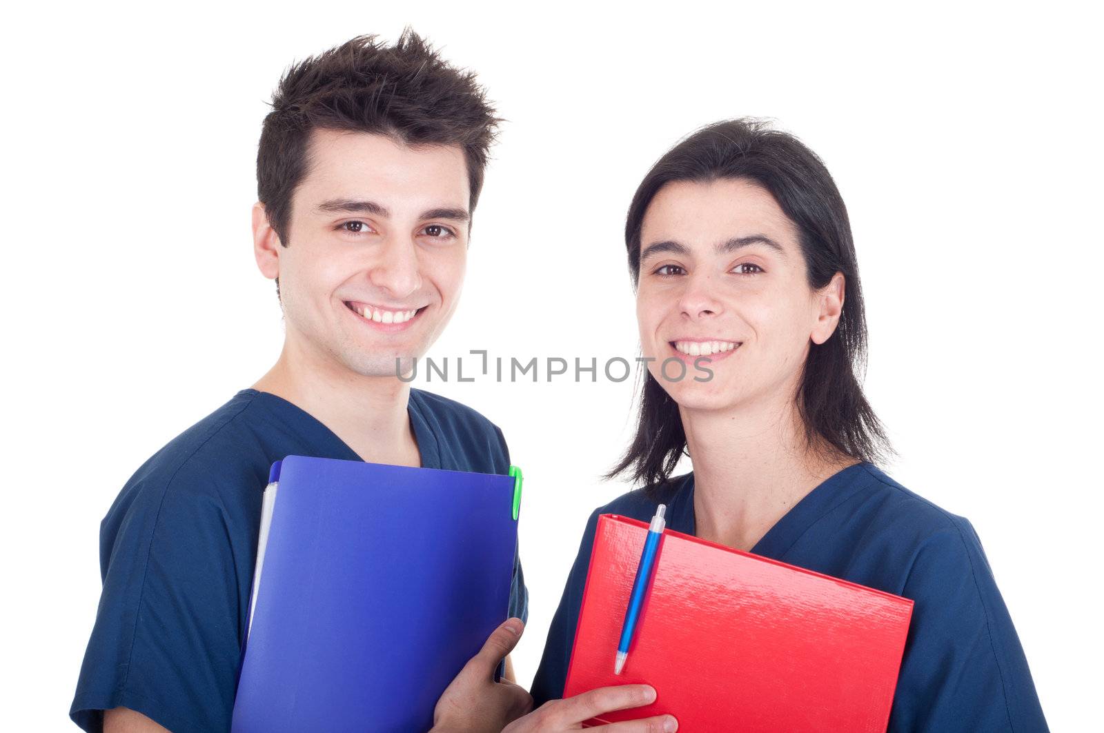smiling team of doctors holding folders isolated on white background