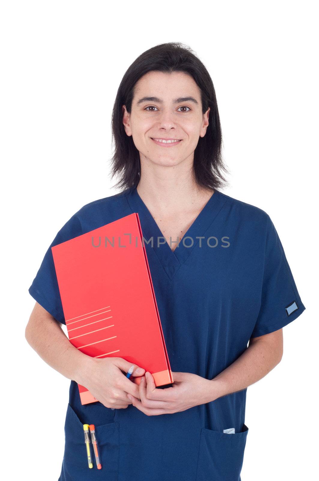 smiling handsome female doctor holding folder isolated on white background