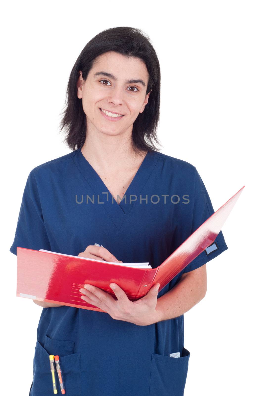 handsome female doctor making a note isolated on white background