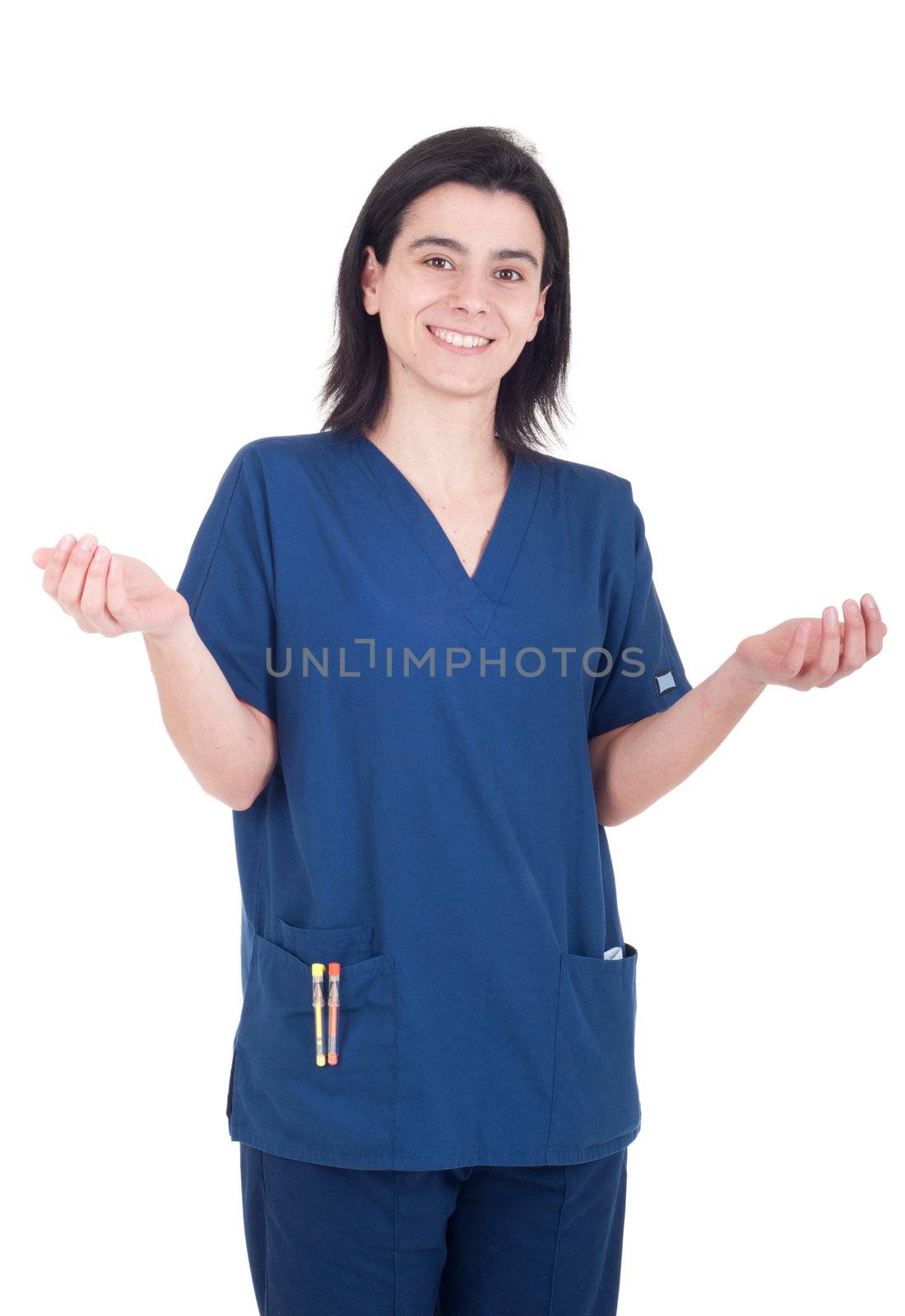 smiling female doctor with open hands welcoming patient (isolated on white background)