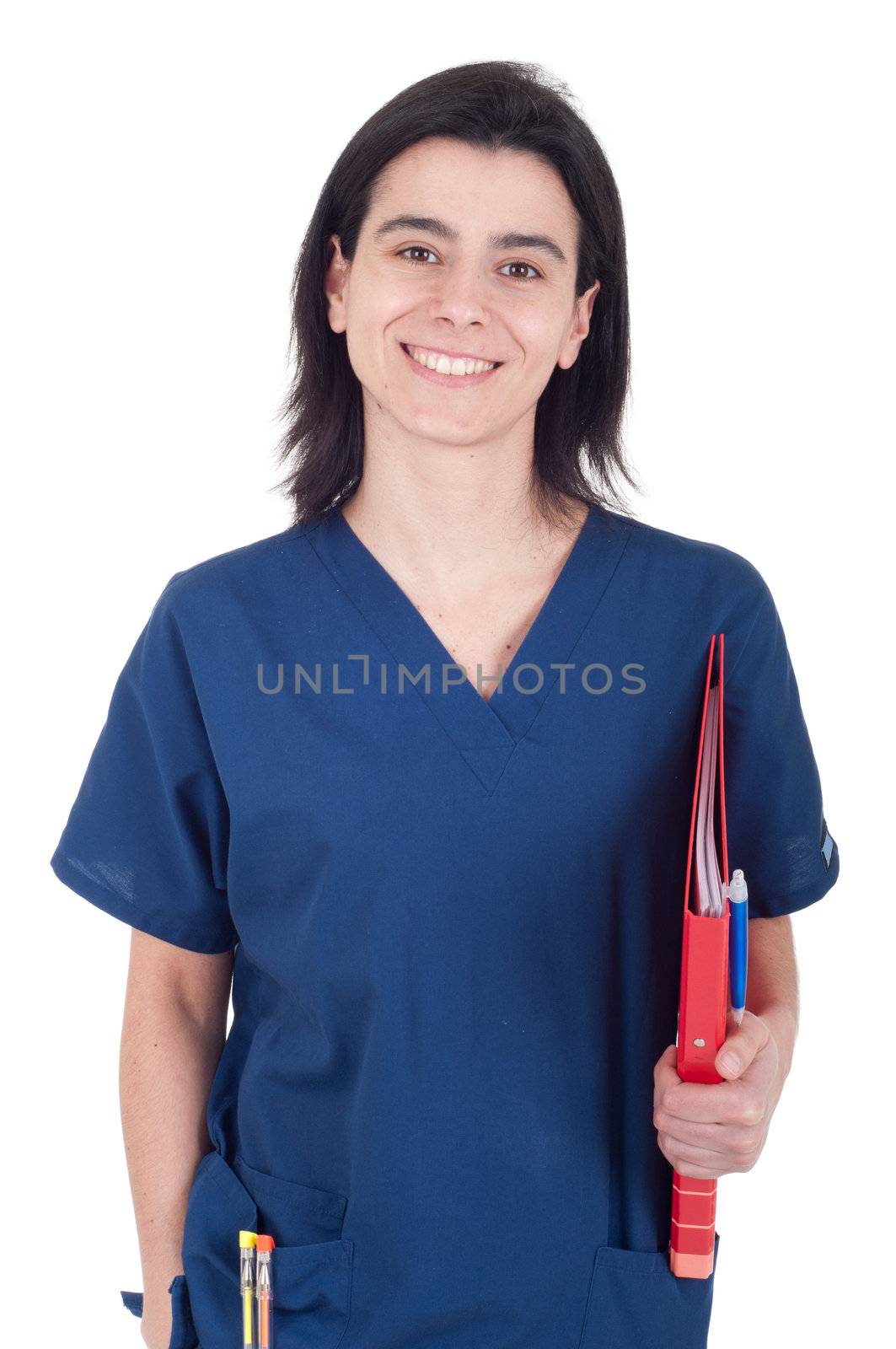 smiling handsome female doctor holding folder isolated on white background