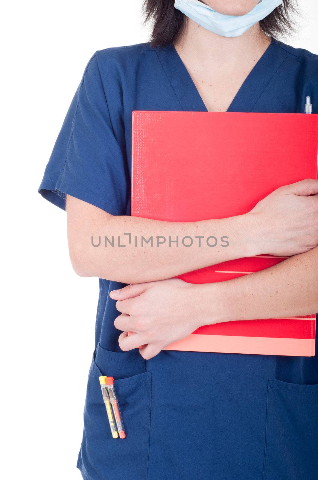 mid section of a female doctor wearing mask and holding folder isolated on white background