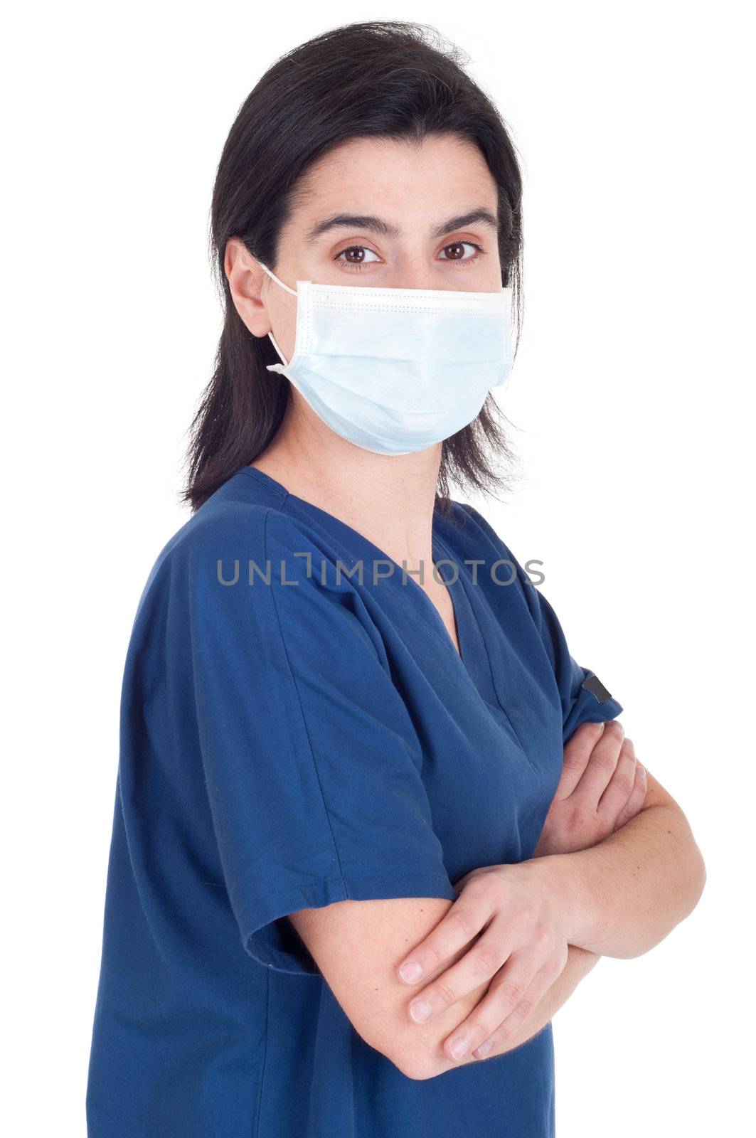 confident young female doctor wearing mask isolated on white background (folded arms)