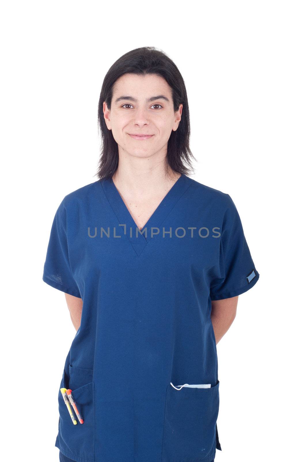 portrait of a handsome young female doctor isolated on white background