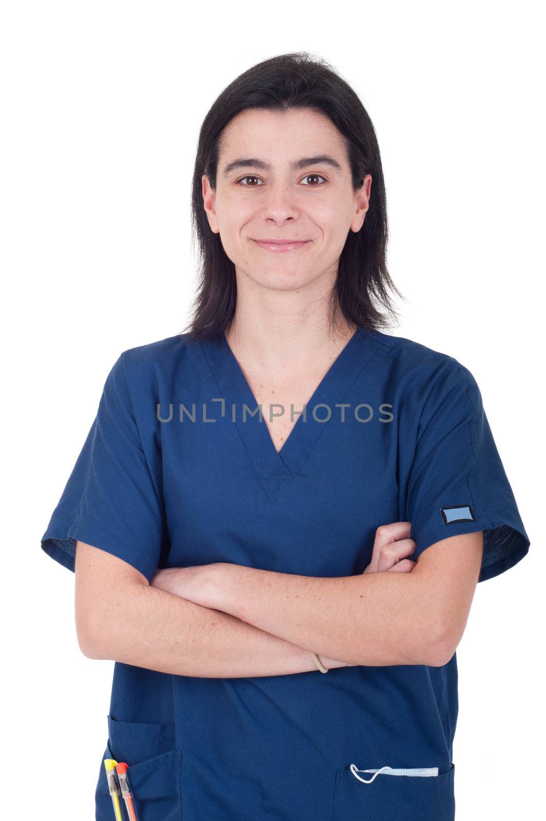 portrait of a handsome young female doctor isolated on white background (folded arms)