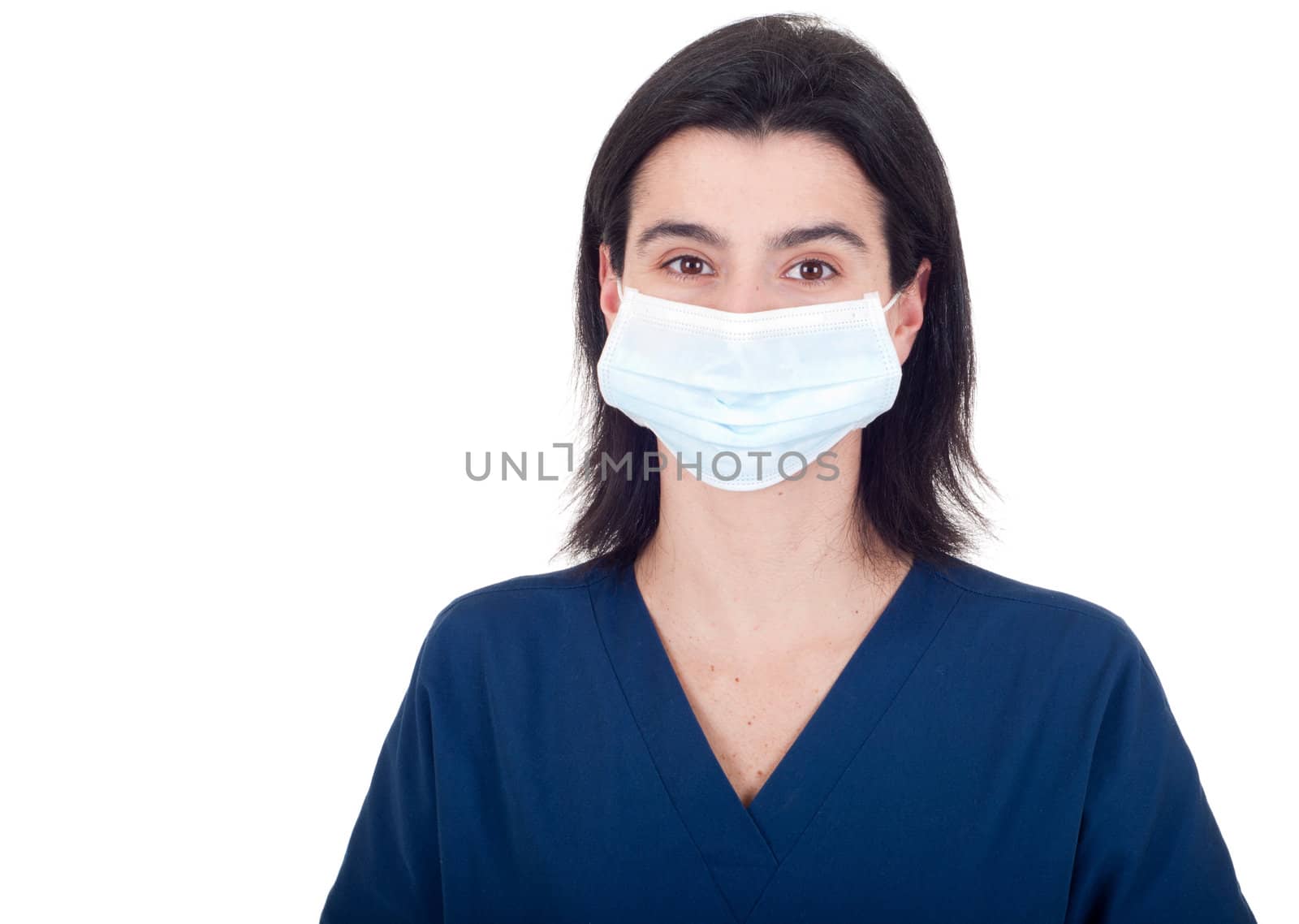 portrait of a young female doctor wearing mask isolated on white background