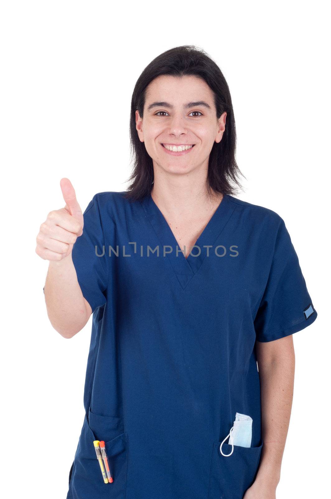 smiling female dentist showing thumb up sign isolated on white background