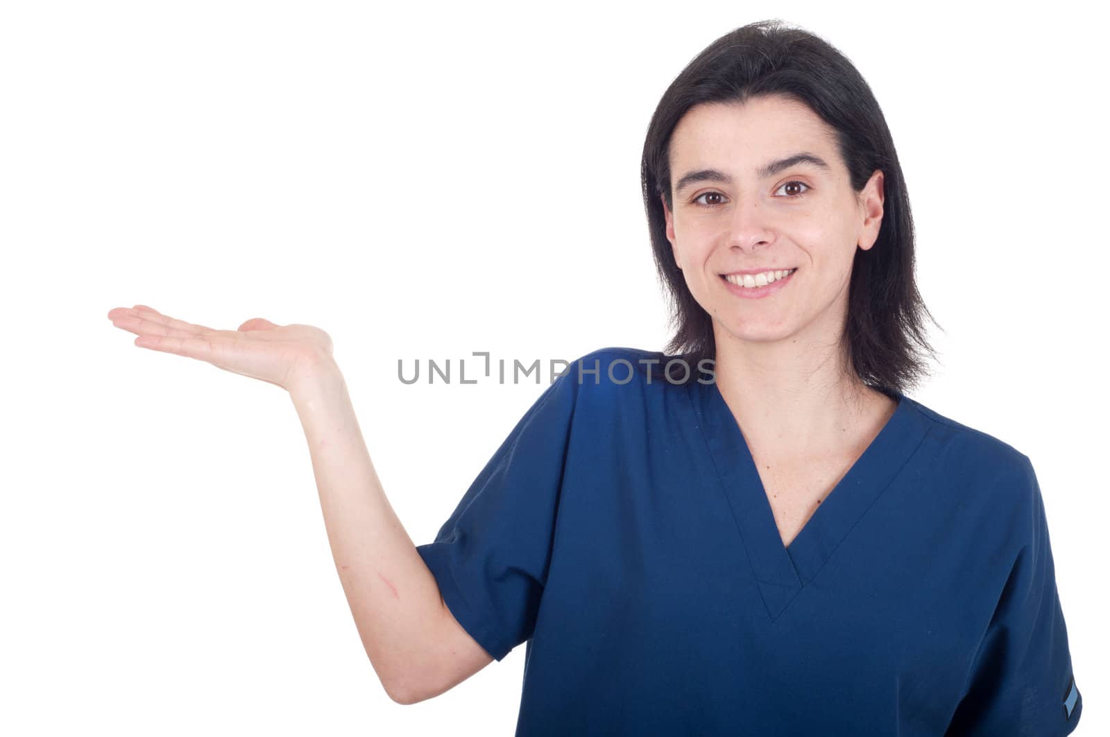 smiling young female doctor showing copy space (isolated on white background)