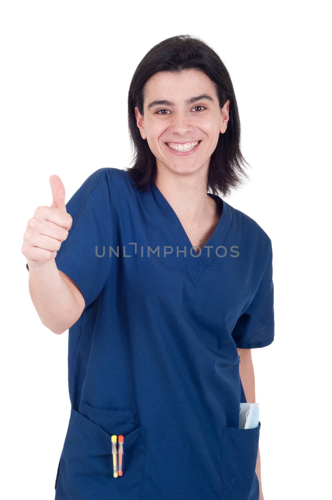 smiling female dentist showing thumb up sign isolated on white background