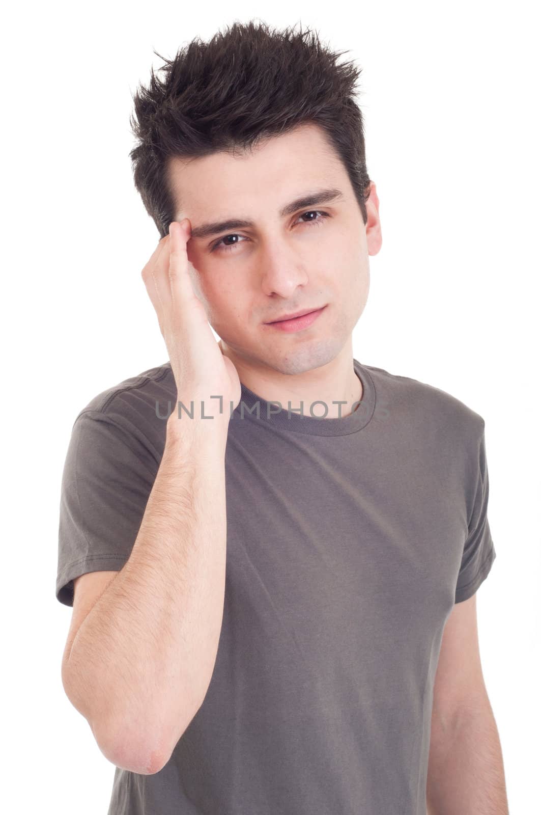 young casual man having headache isolated on white background 