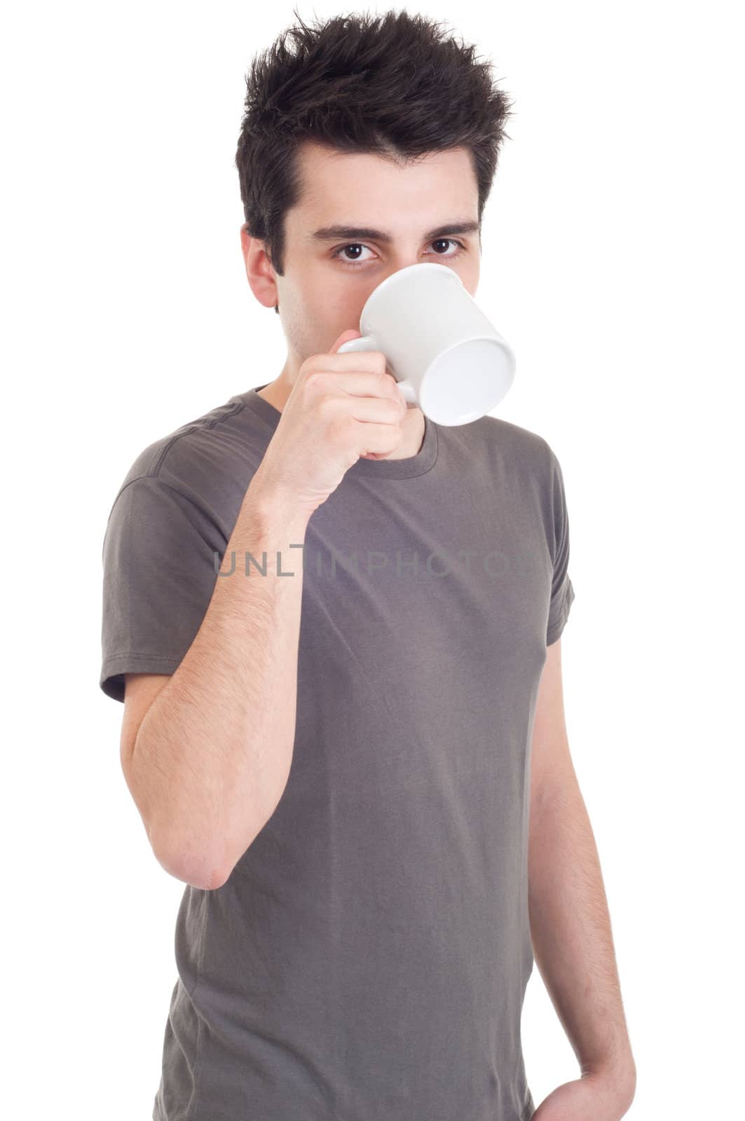 handsome casual man drinking coffee/tea mug (isolated on white background)