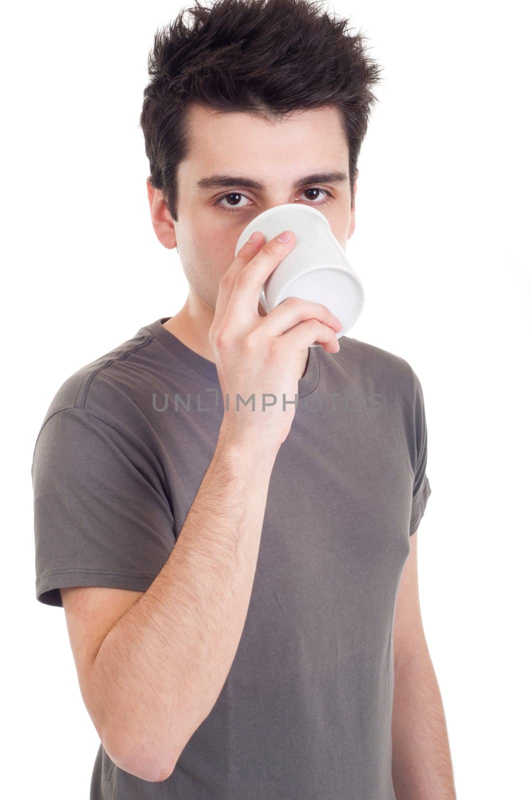 handsome casual man drinking coffee/tea mug (isolated on white background)