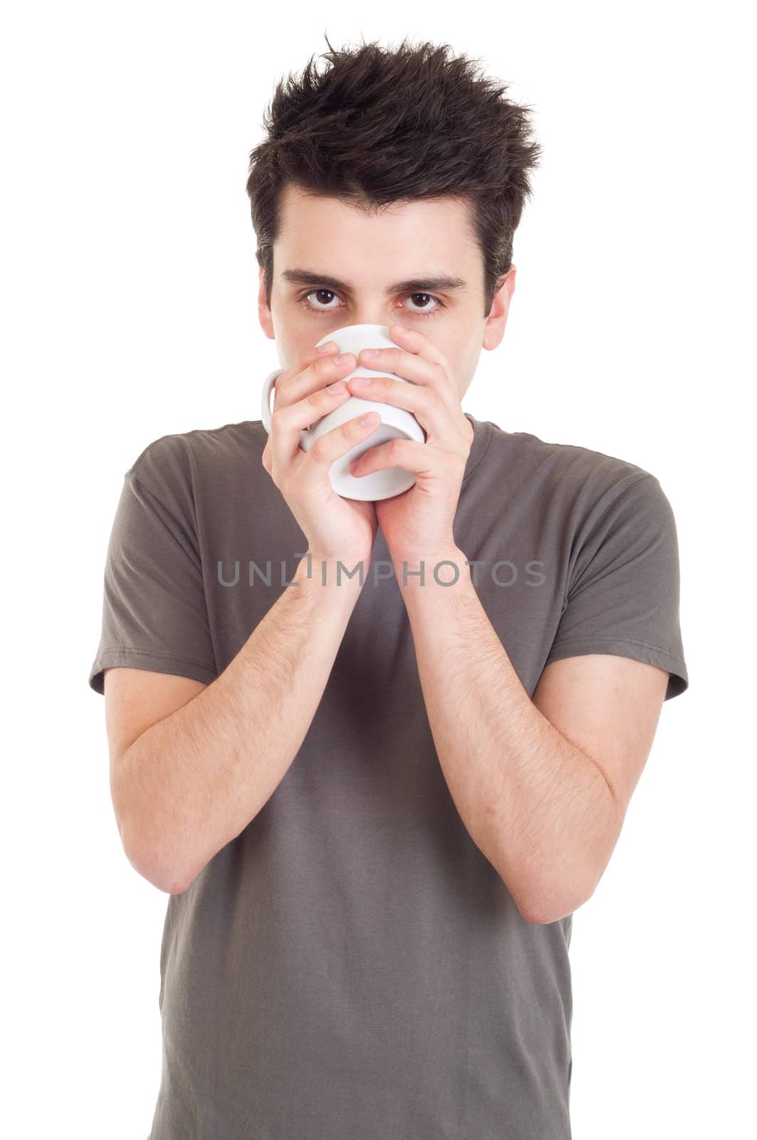 lovely handsome casual man drinking coffee/tea mug (isolated on white background)