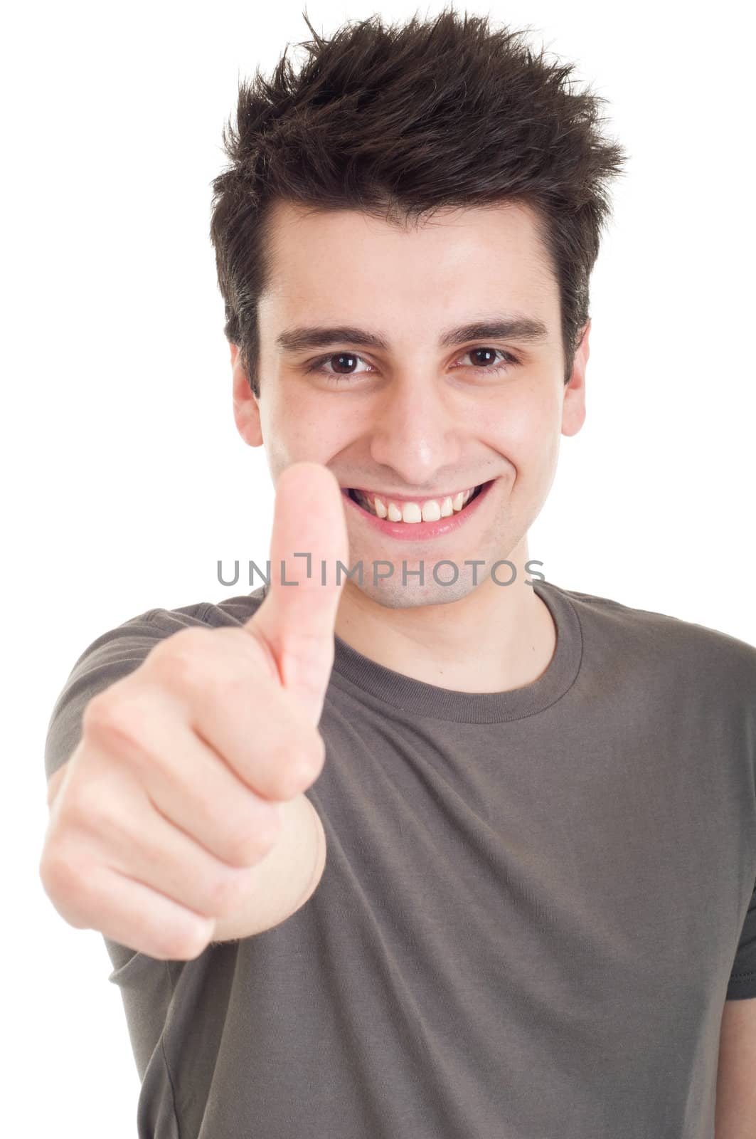smiling young man with thumbs up on an isolated white background
