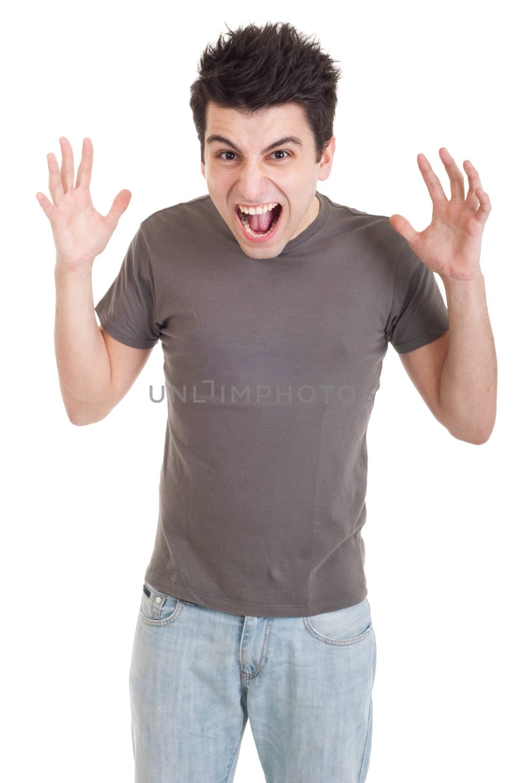 very angry casual man screaming isolated on white background