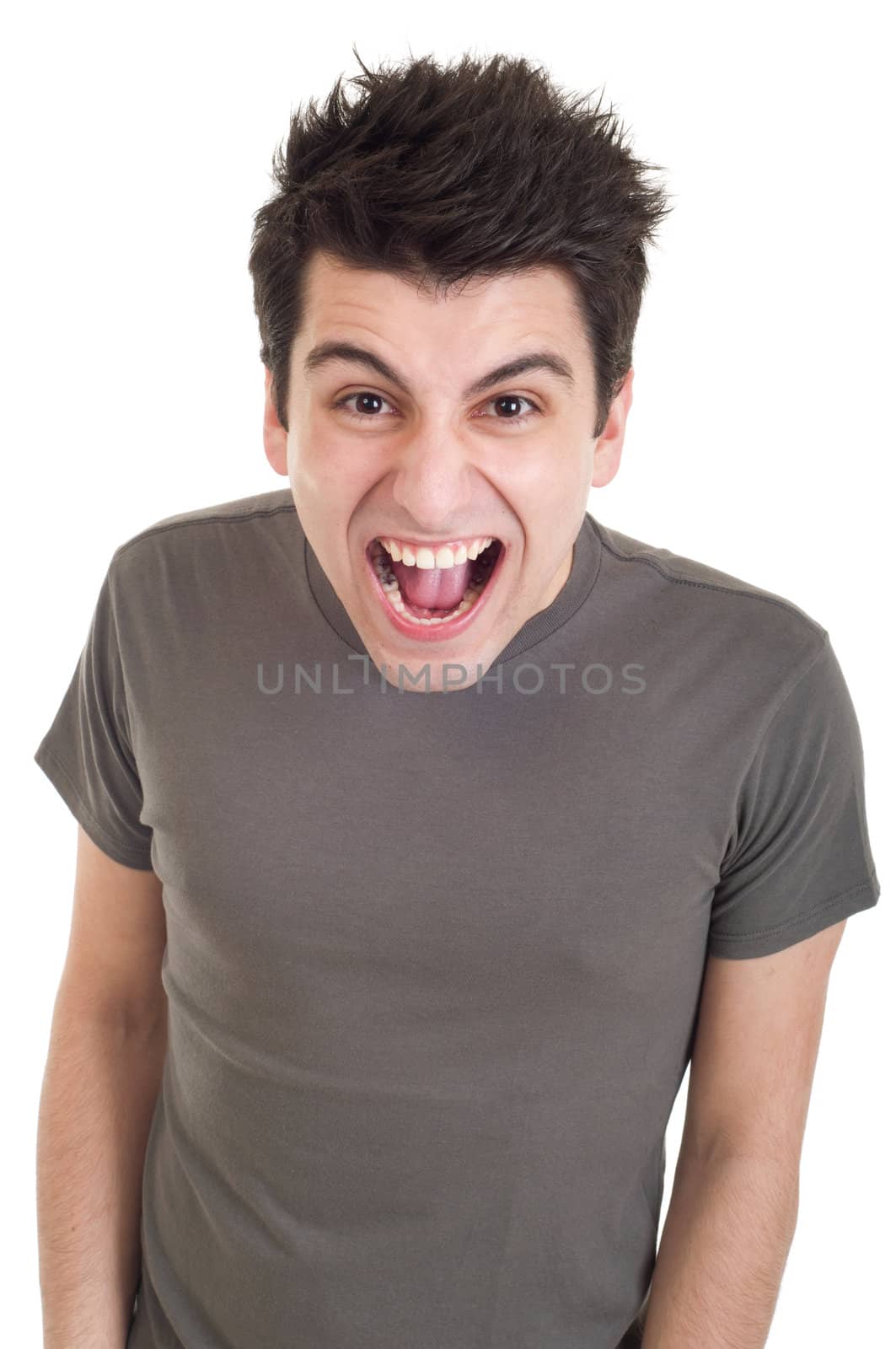 very angry casual man screaming isolated on white background