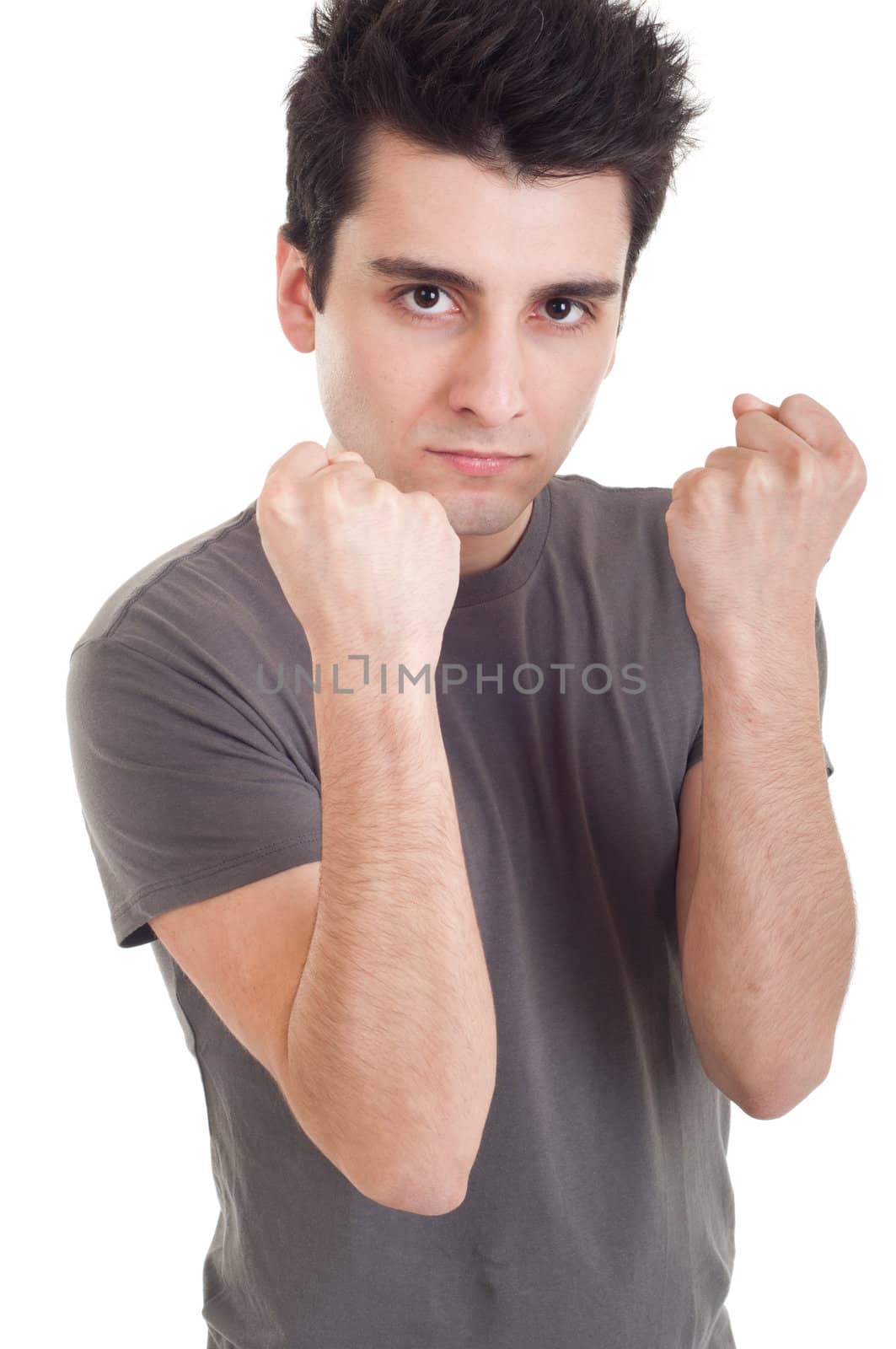 handsome casual man with fight expression isolated on white background