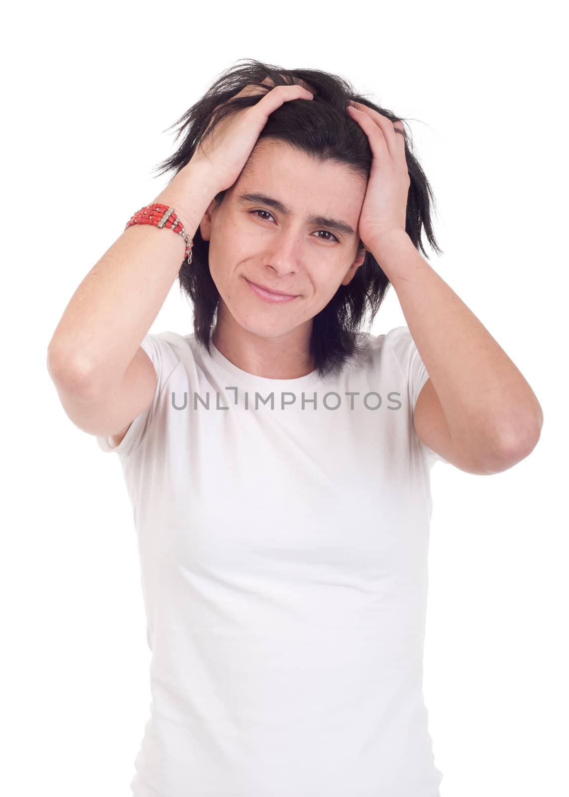 stressed casual woman isolated on white background