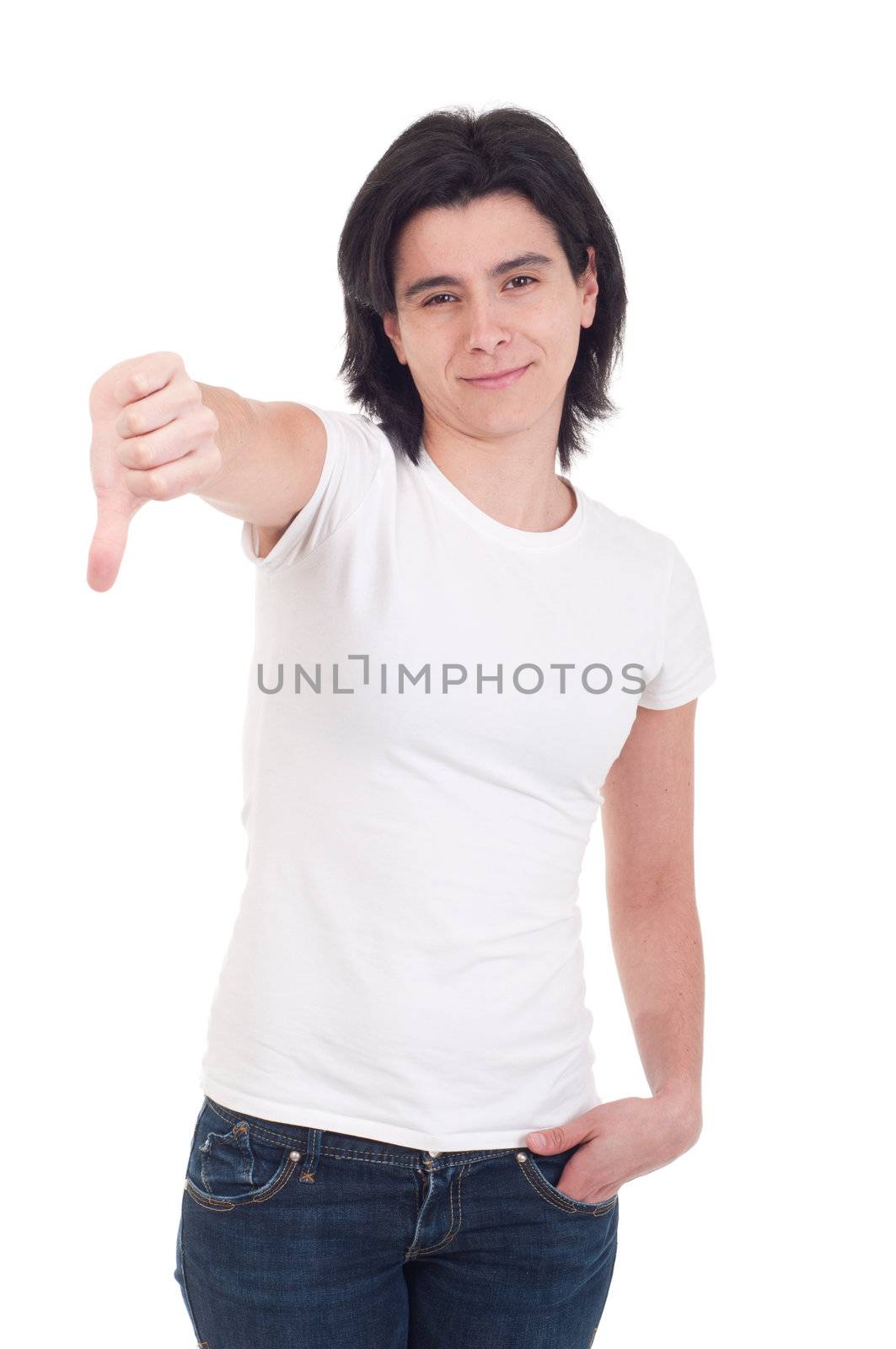 beautiful casual woman with thumbs down on an isolated white background