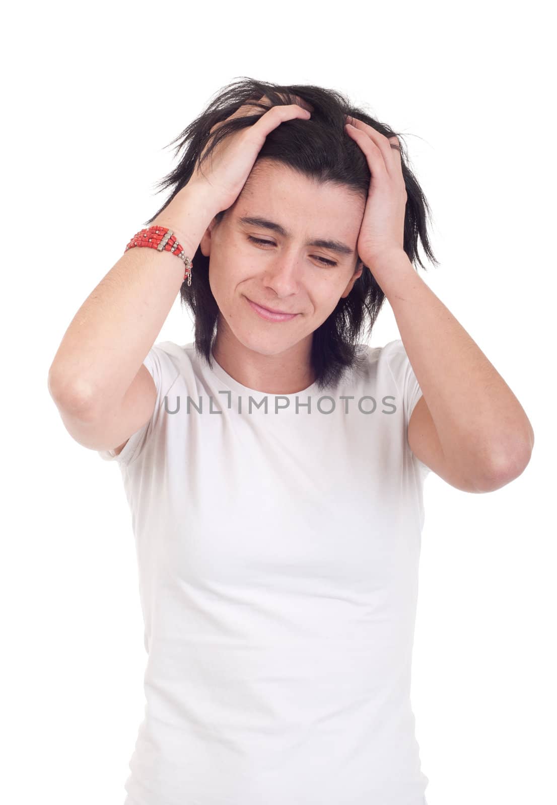 stressed casual woman isolated on white background