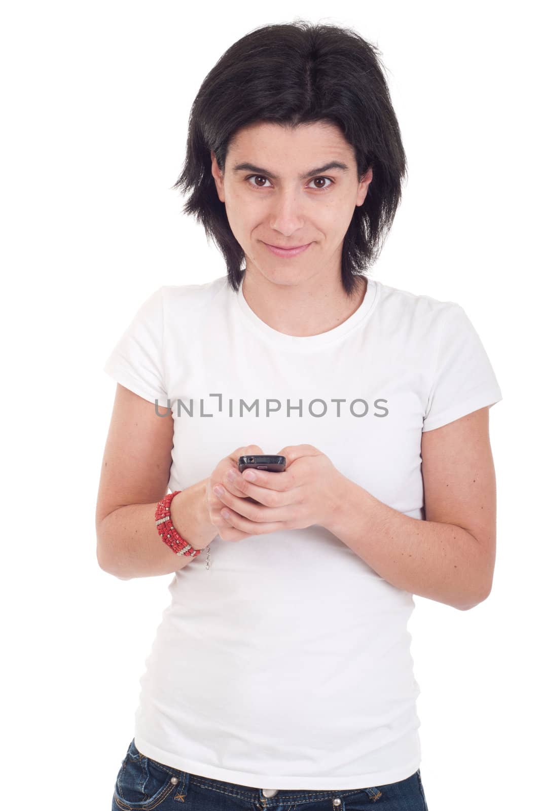 friendly casual woman sending a text message isolated on white background