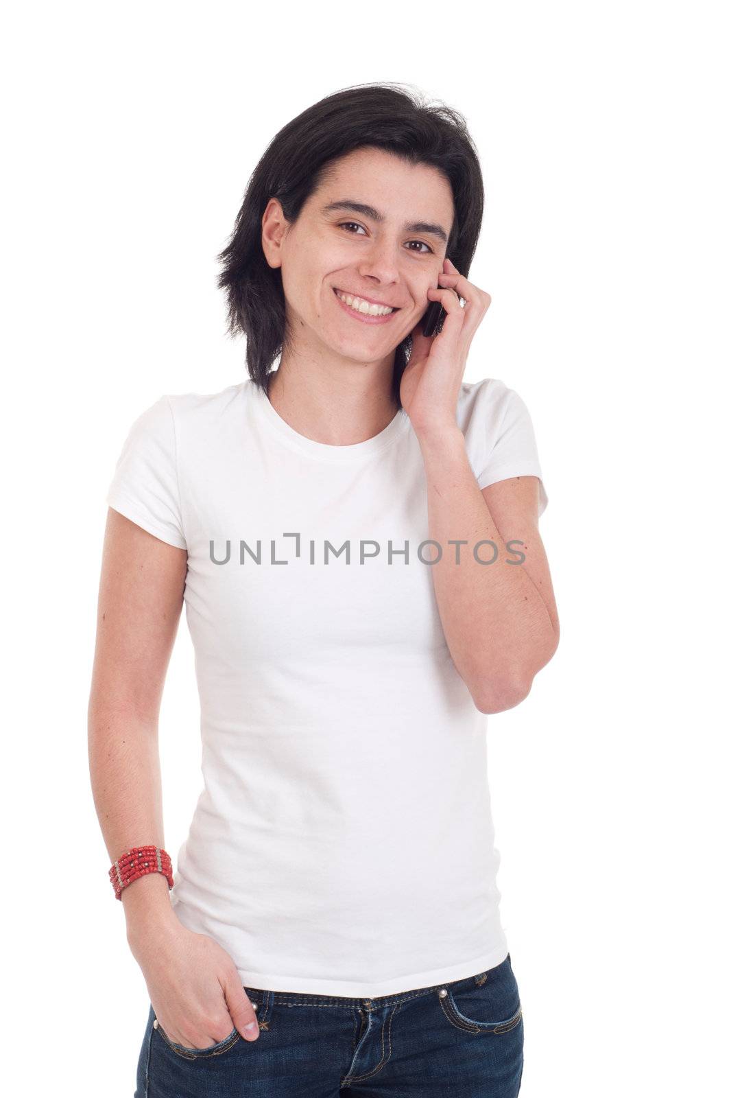 smiling casual woman talking on the phone isolated on white background 