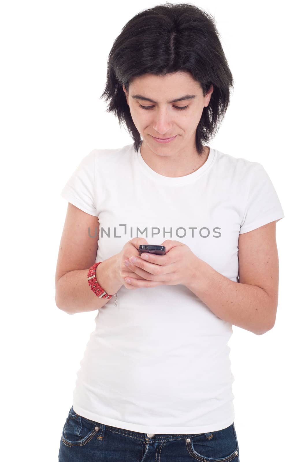 happy casual woman sending a text message isolated on white background