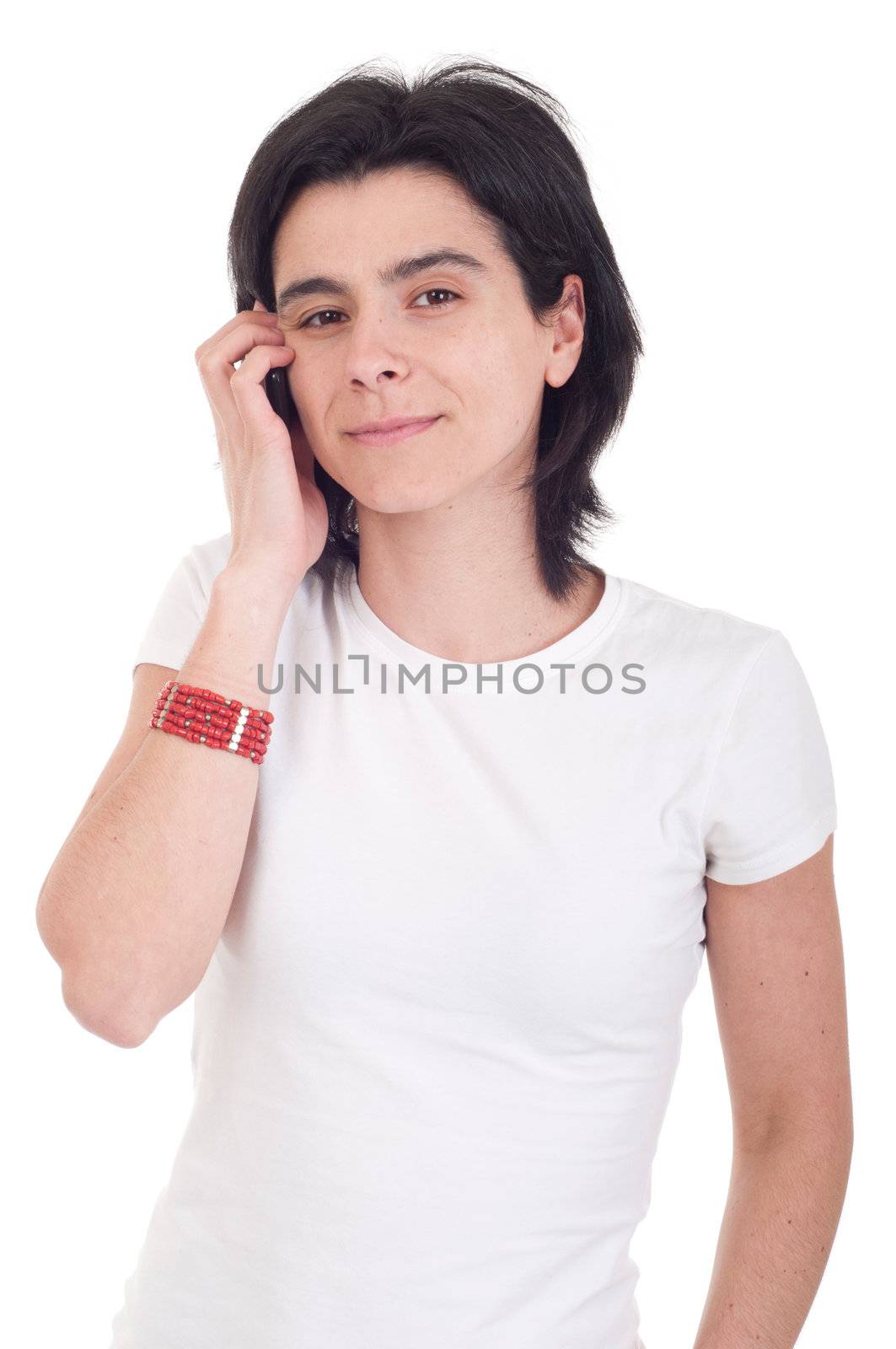 serious casual woman talking on the phone isolated on white background 