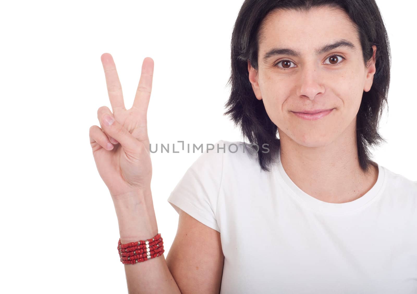 beautiful casual woman showing victory hand sign isolated on white background