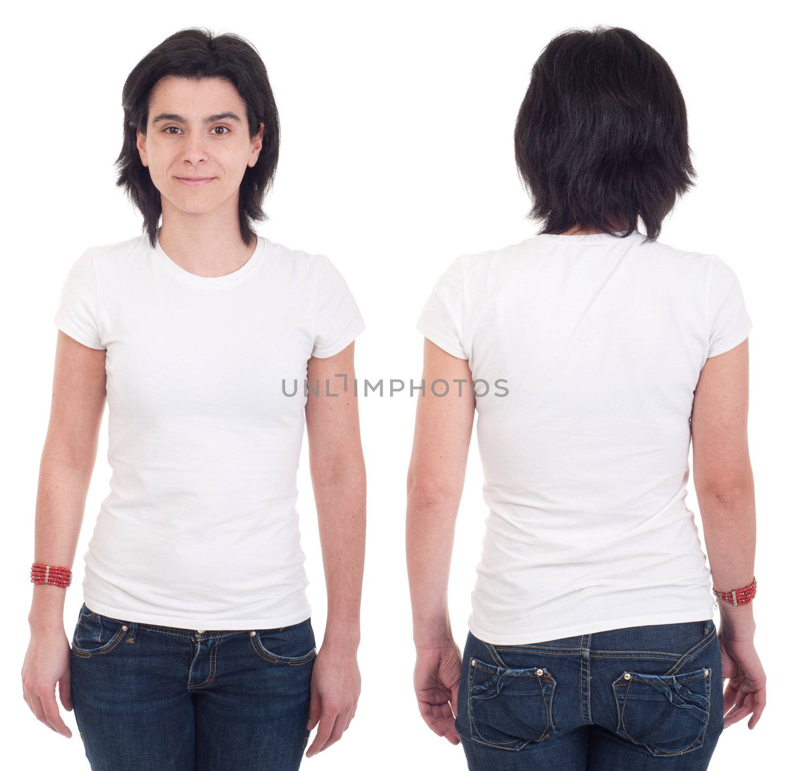 front and back of a happy casual woman wearing t-shirt isolated on white background 