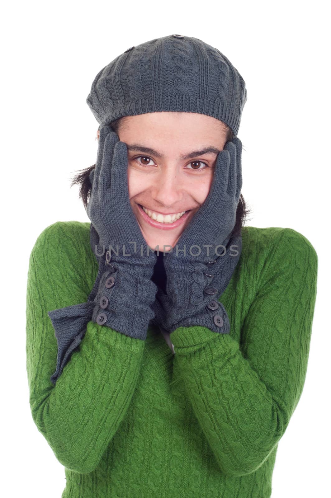 lovely winter woman portrait with scarf, gloves and hat (isolated on white background)