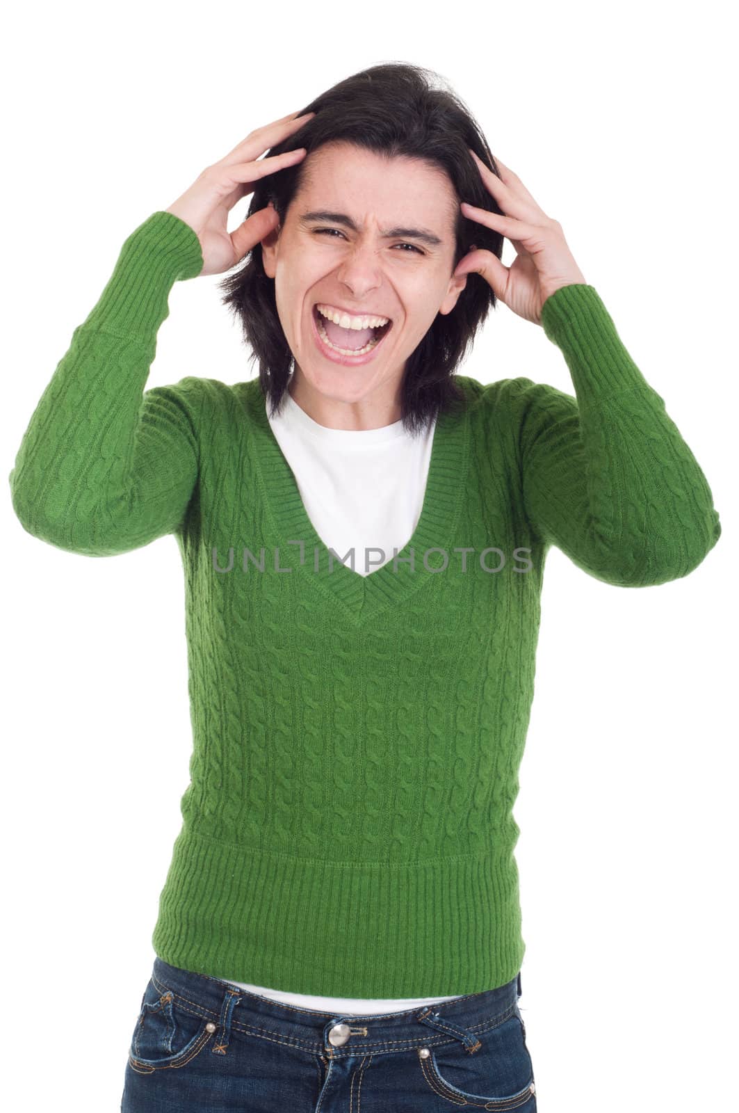 stressed casual woman on pullover isolated on white background