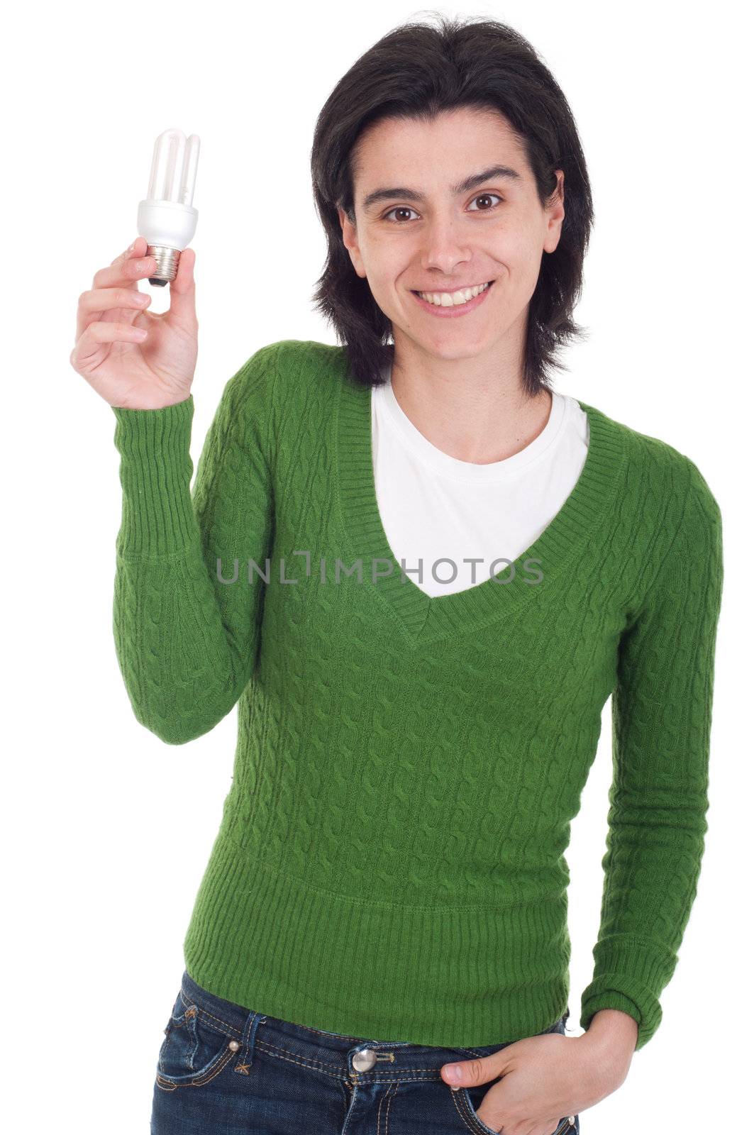 smiling casual woman holding a energy-saving lightbulb isolated on white background