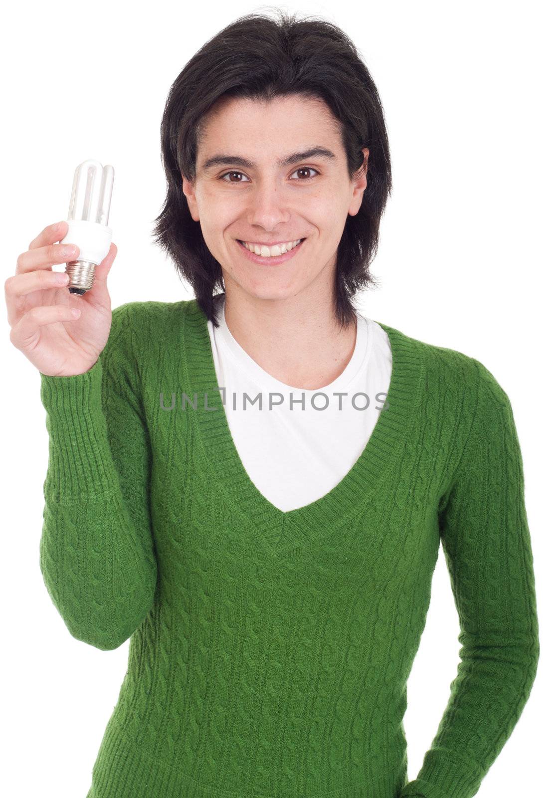 smiling casual woman holding a energy-saving lightbulb isolated on white background